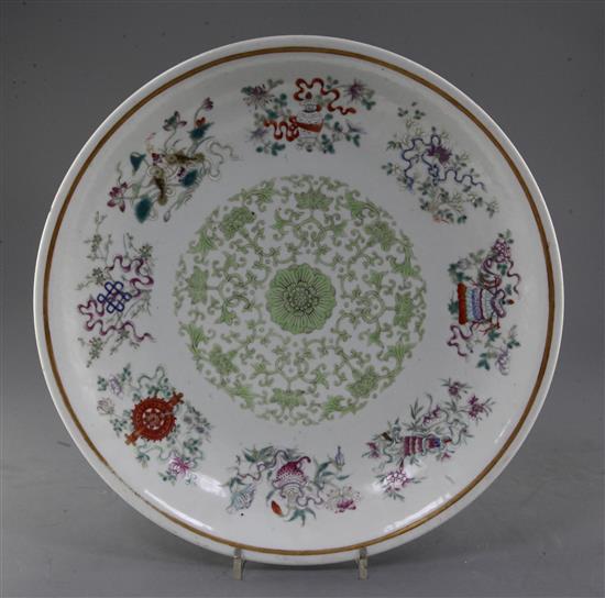 A Chinese famille rose eight Buddhist emblems dish, Guangxu mark and of the period (1875-1908), diameter 34.7cm